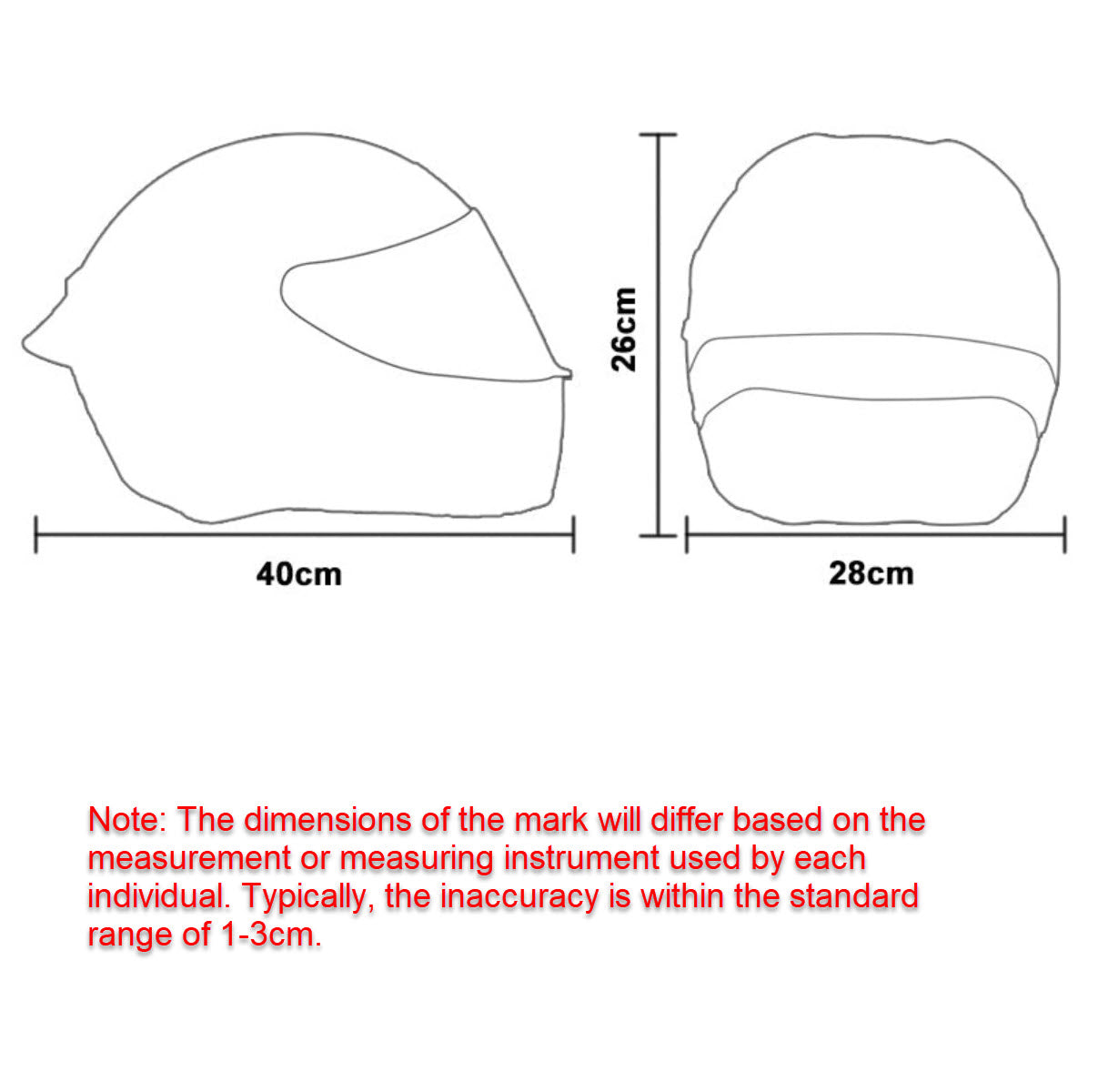 Outline of a helmet with dimensions: 40cm length, 26cm height, and 28cm width. Note below mentions possible measurement inaccuracies within the 1-3cm range. This Cool Motorcycle Helmet Cover - Unicorn makes for an attention-grabbing accessory on your rides.