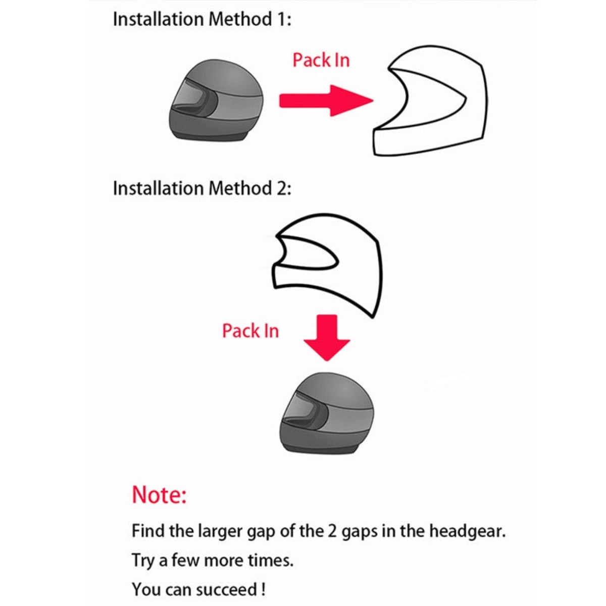 Diagram with instructions for installing a Cool Motorcycle Helmet Cover - Alien using two methods: Method 1 with a "pack in" motion from the side, and Method 2 with a "pack in" motion from the back. Note advises retrying. This hilarious accessory is sure to grab attention while riding.