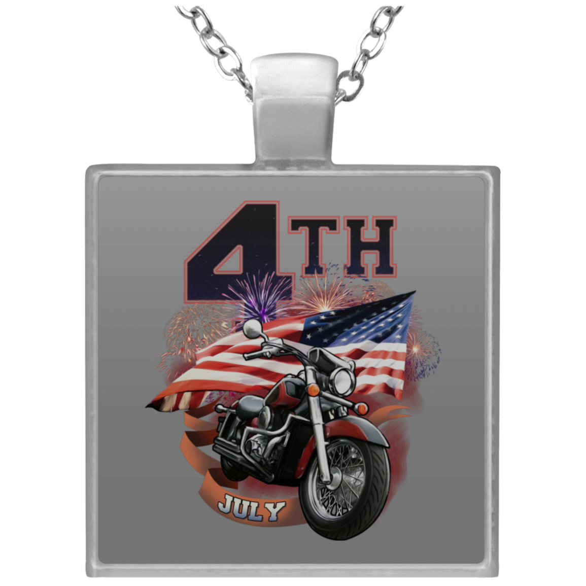 Silver Plated 4th of July Square Pendant Necklace