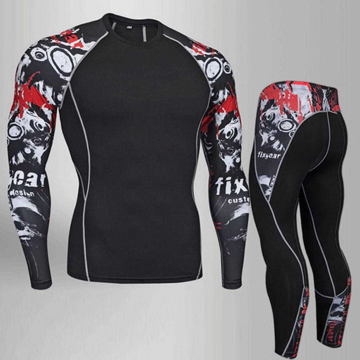 Men's Compression Thermal Underwear in Black/Erythema, designed with breathable sports fabric and showcasing abstract patterns on the sleeves and sides. Displayed front and back on a grey background, it features premium materials for ultimate comfort.