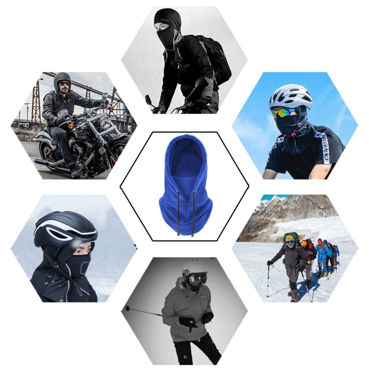 A series of pictures featuring people wearing the Thermal Fleece Hoodie Face Cover - Light Gray in cold weather.