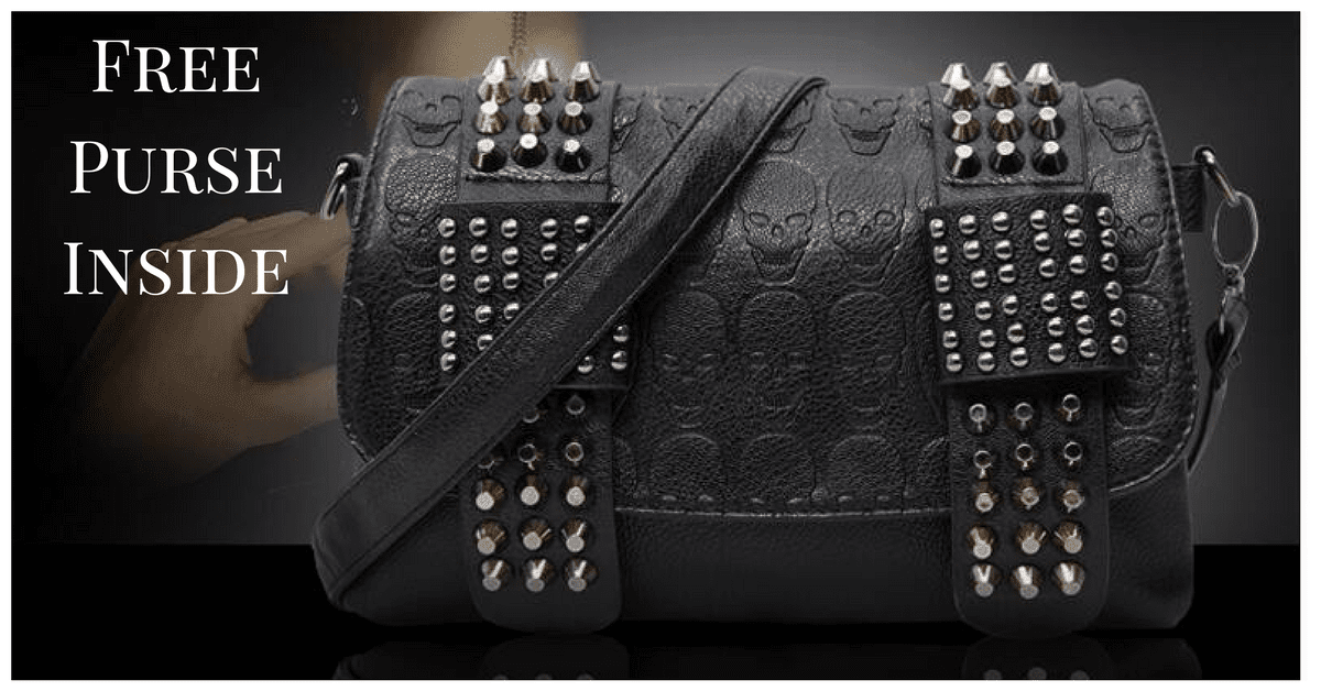 Vintage Skull Studded Rivet Shoulder Bag w/ Free Skull Wallet, Eco-Leather, Black - American Legend Rider