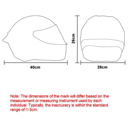 Diagram of the Cool Motorcycle Helmet Cover - Black Devil Emoji with dimensions: 40 cm width, 26 cm height, 28 cm depth. Note below states that measurements may vary by 1-3 cm due to individual measurement differences.