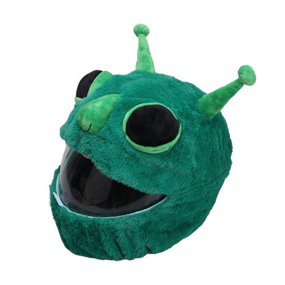 This Cool Motorcycle Helmet Cover - Alien is a green, plush alien-themed design with two antennae and large black eyes. The face area features a transparent visor, making it an attention-grabbing riding accessory that’s both hilarious and functional.