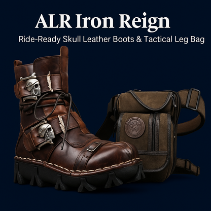 Handmade Skull Leather Boots + Free Leg Bag Bundle