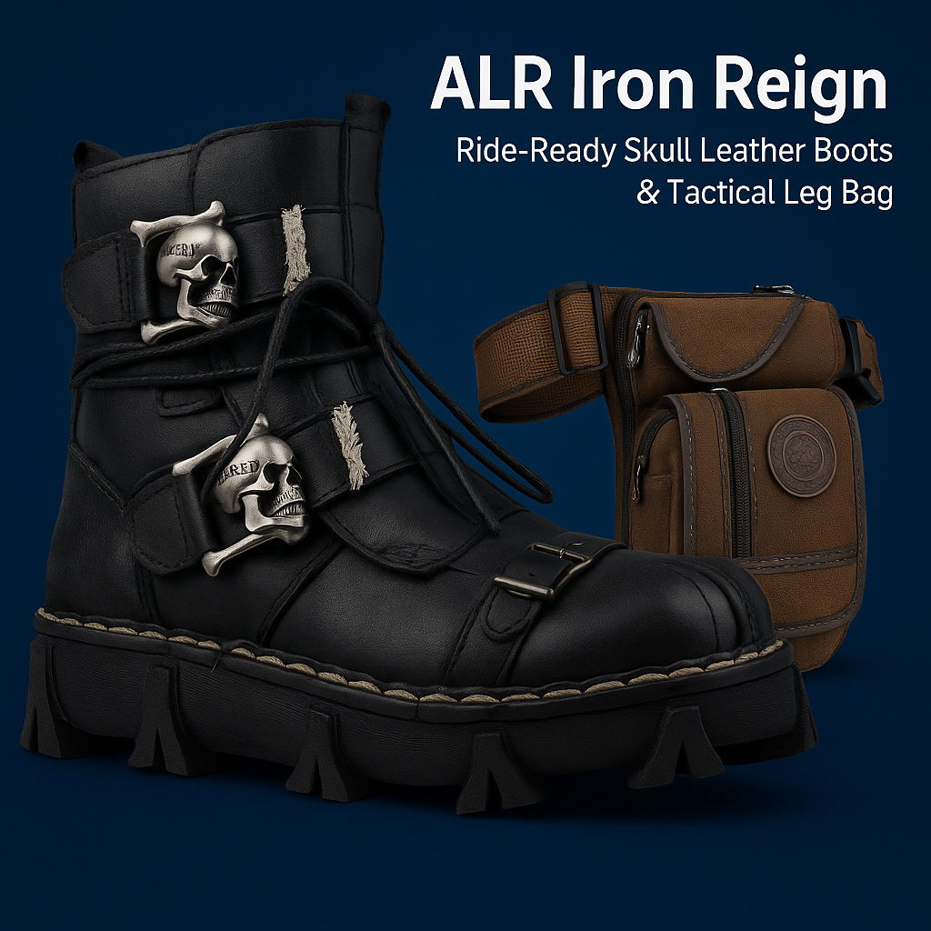 Handmade Skull Leather Boots + Free Leg Bag Bundle