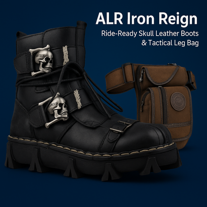 Handmade Skull Leather Boots + Free Leg Bag Bundle