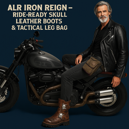 Handmade Skull Leather Boots + Free Leg Bag Bundle