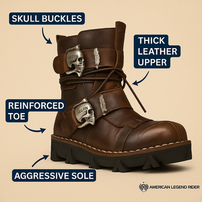 Handmade Skull Leather Boots + Free Leg Bag Bundle