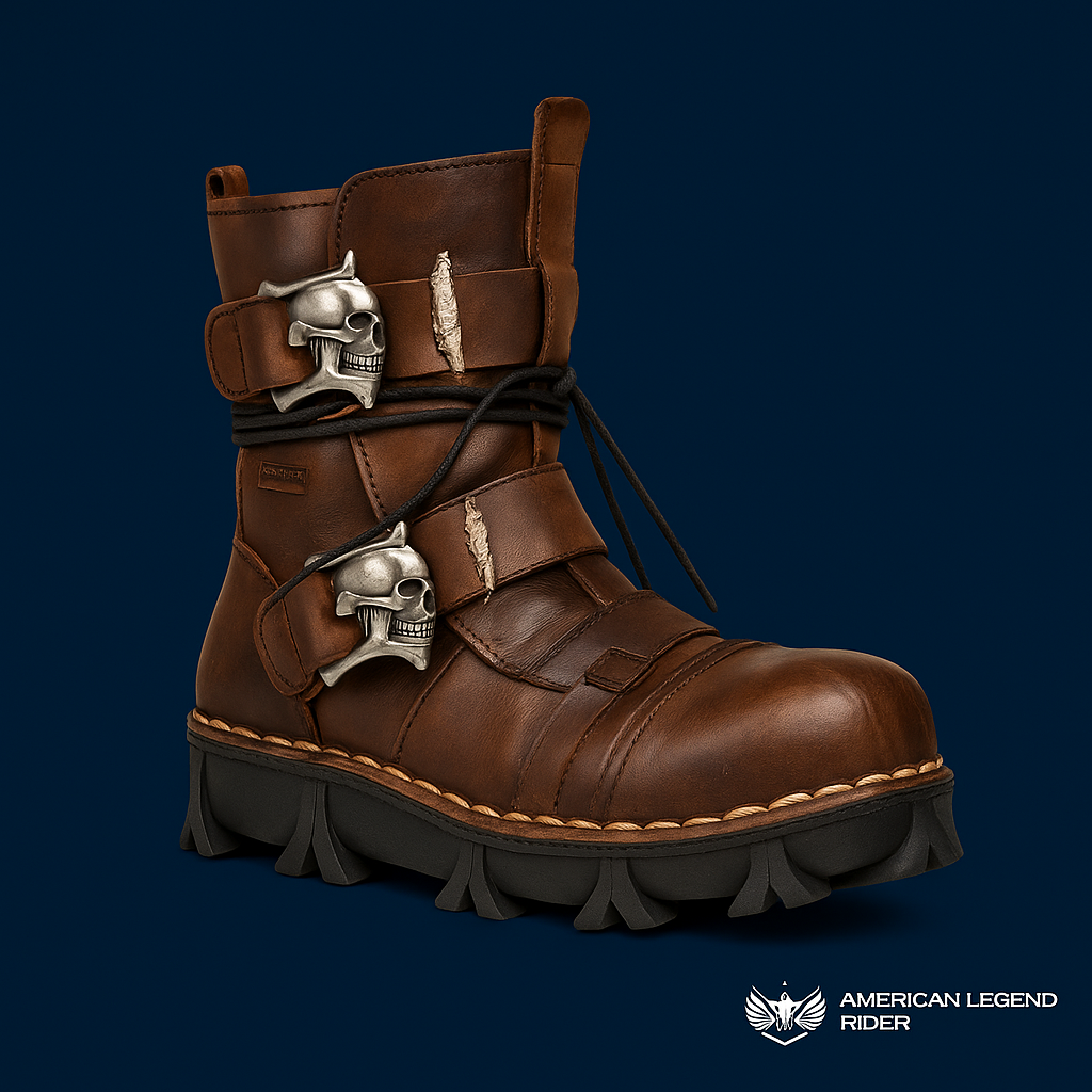 Handmade Skull Leather Boots + Free Leg Bag Bundle