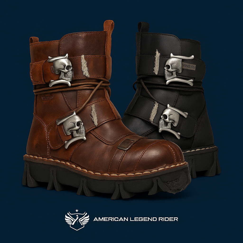 Handmade Skull Leather Boots + Free Leg Bag Bundle