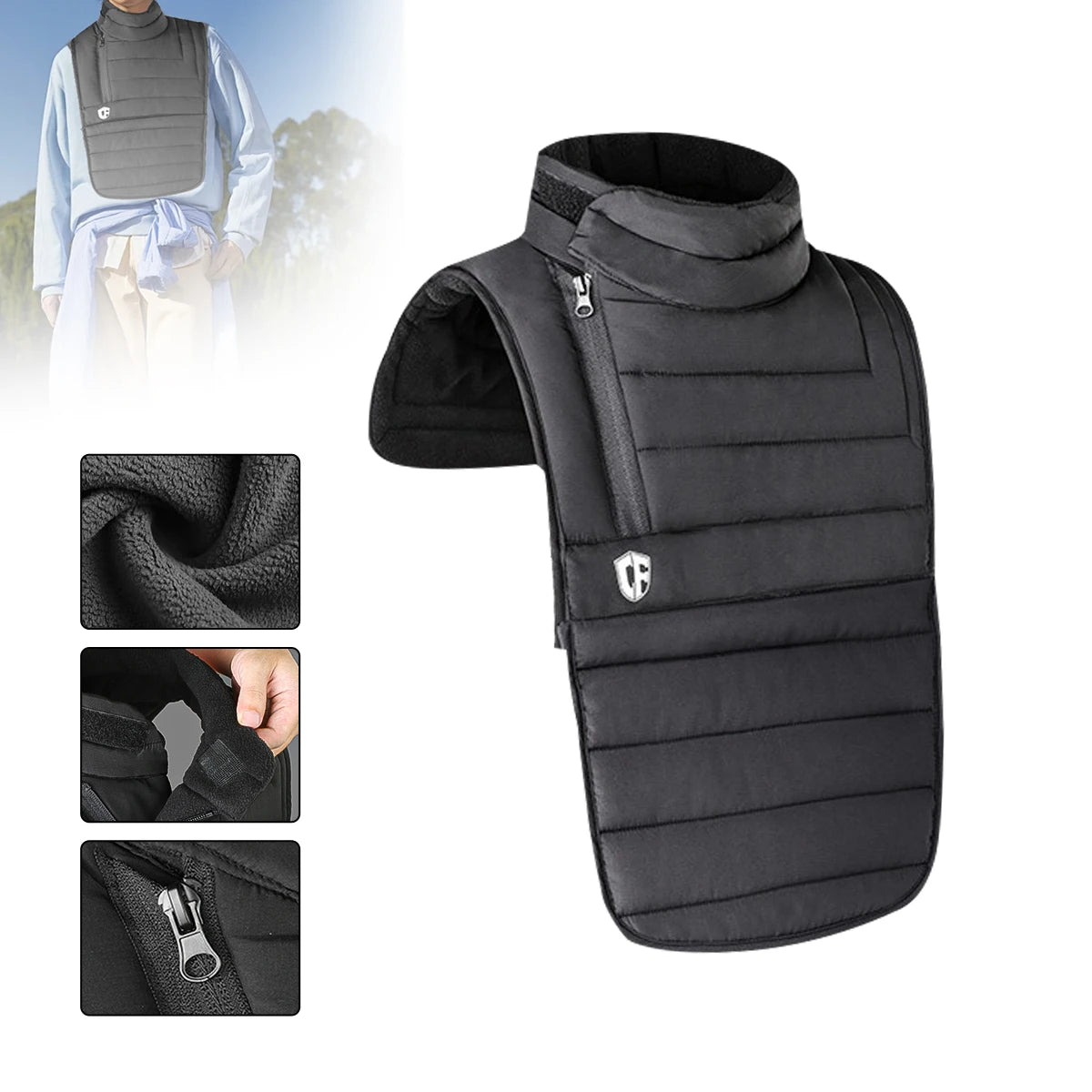 The ALR™ Neck Scarf Rider's Thermal Protector is a black padded neck and chest protector with Thinsulate insulation and a zipper, shown from various angles highlighting texture and closure, ensuring warmth and comfort on every motorcycle ride.
