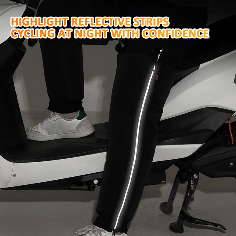 A person on a motorcycle wears ALR™ Winter Leg Warmers with reflective strips. Text above reads, "Ride at night with confidence using leg warmers featuring waterproof, windproof memory fabric for ultimate protection.