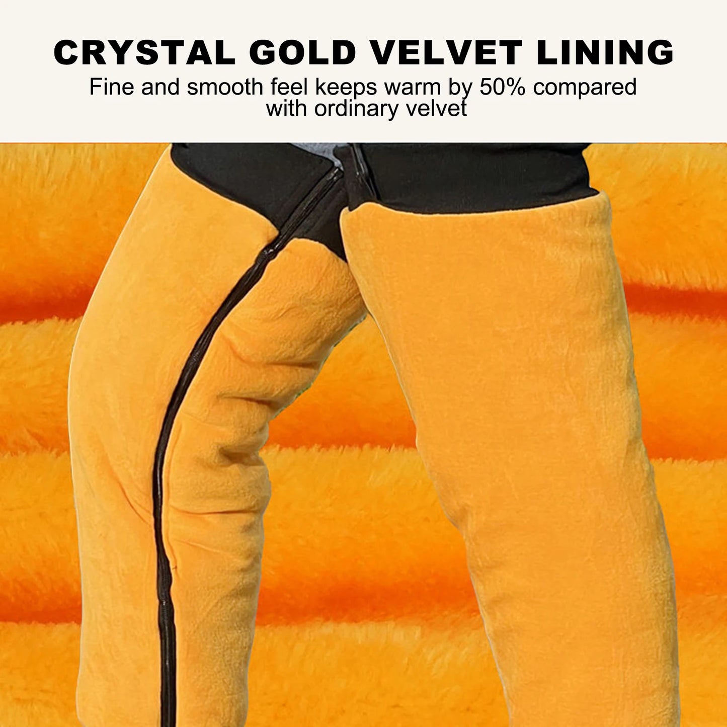 Orange velvet-lined ALR™ Winter Leg Warmers with a zippered design on a matching velvet background. Text above highlights the warmth of the crystal gold lining and advanced heating technology, ideal for winter.
