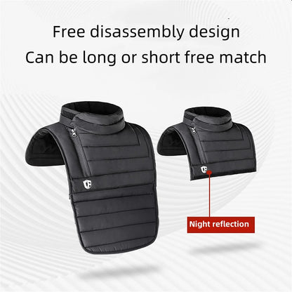 The ALR™ Neck Scarf Rider's Thermal Protector is a black, adjustable winter vest with removable sections, featuring a high collar, zippered front, and night reflection. Enhanced with Thinsulate for superior warmth and "free disassembly" for length adjustment, it’s ideal as a motorcycle thermal protector.