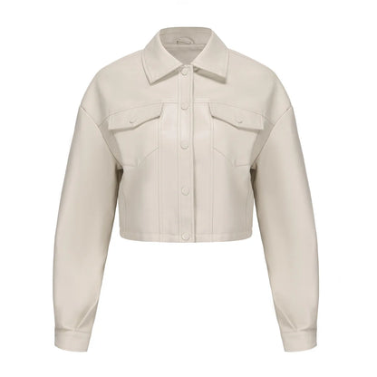 Alr™ Women's Short Leather Biker Jacket with Lapel and Two Pockets