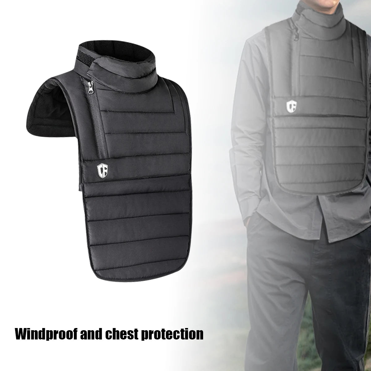 The ALR™ Neck Scarf Rider's Thermal Protector is a black padded chest protector with a high neck design, made from windproof Thinsulate material. It offers ideal thermal protection for motorcycling, as showcased by someone wearing it over a grey shirt with the text "Windproof and chest protection.