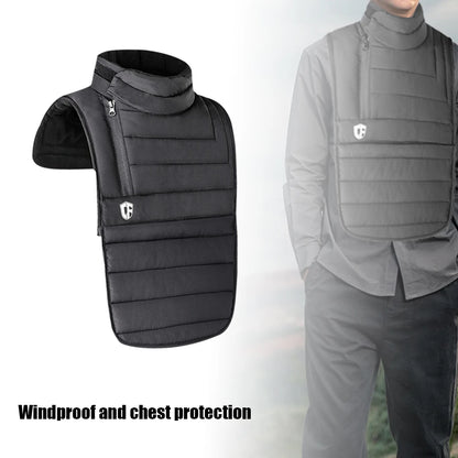 The ALR™ Neck Scarf Rider's Thermal Protector is a black padded chest protector with a high neck design, made from windproof Thinsulate material. It offers ideal thermal protection for motorcycling, as showcased by someone wearing it over a grey shirt with the text "Windproof and chest protection.