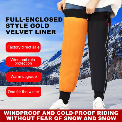 Amidst a snowy landscape, a person displays black ALR™ Winter Leg Warmers with an orange velvet-lined leg. The text highlights winter protection, featuring waterproof and windproof memory fabric for warmth and comfort.