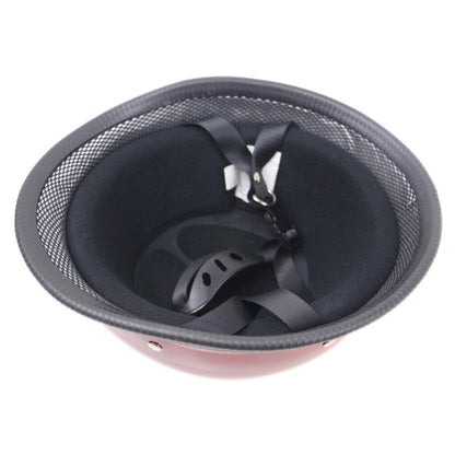 A durable Glossy Red German Motorcycle Helmet with a black mesh and a black strap.
