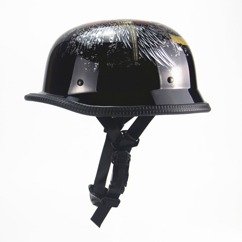 A badass Skull Cap Motorcycle Helmet, Gloss Black with an eagle on it, perfect for skull cap motorcycle helmet enthusiasts.
