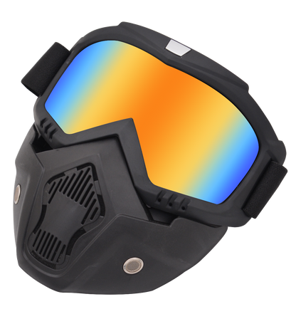 Introducing the Motorcycle Goggles Mask, designed with a black TPEE/Polycarbonate frame and gradient orange and blue lenses. These goggles feature antifog technology and UV protection, making them ideal for motorcycle enthusiasts.