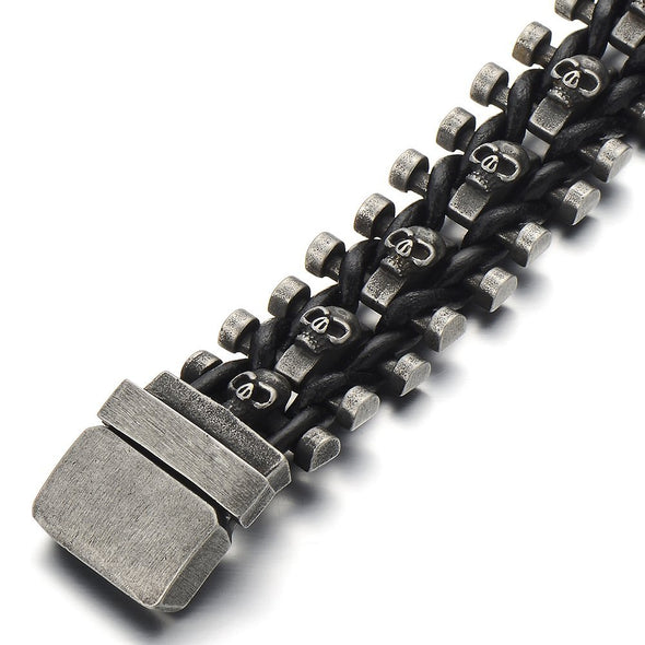 A black and silver Skeleton Chain Buckle Bracelet with a skull clasp.