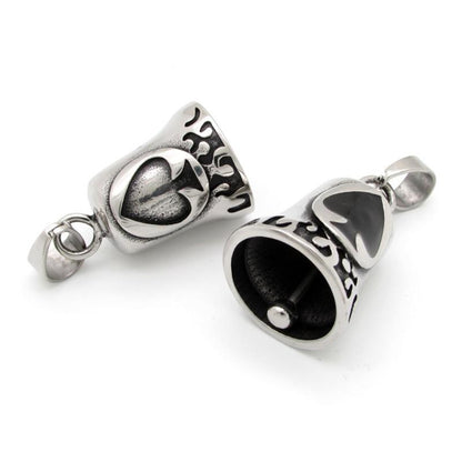 Two Stainless Steel Biker Spade Gremlin Bell-shaped charms on a white background.
