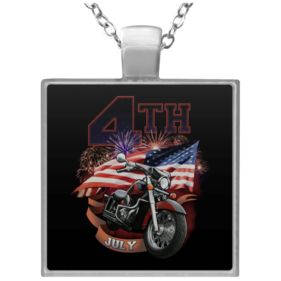 Silver Plated 4th of July Square Pendant Necklace