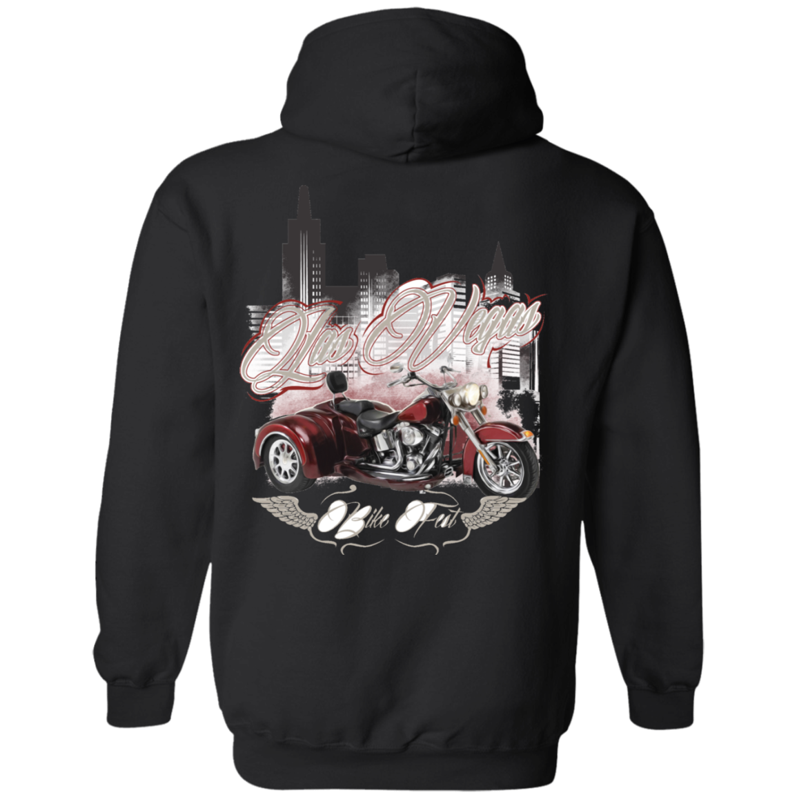 The Las Vegas Bike Fest Hoodie showcases a vivid graphic of a red motorcycle set against a cityscape backdrop, adorned with the text "Las Vegas" and other decorative features. Crafted from a high-quality soft blend, it provides a low pill surface to ensure enduring comfort and style.