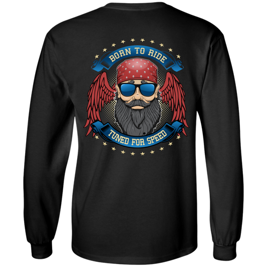 The Men's "Born To Ride, Tuned For Speed" Long Sleeves is a black long-sleeve shirt made from 100% cotton. It features a digital print of a skull adorned with a red bandana and sunglasses, surrounded by red wings. The text "Born to Ride" is displayed above the design, while "Tuned for Speed" is shown below. Its unisex sizing guarantees a comfortable fit for everyone.