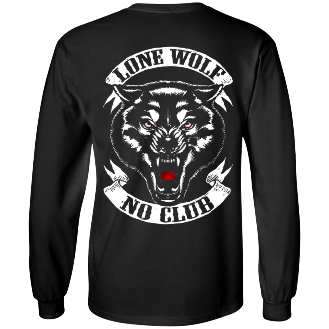 The Lone Wolf, No Club Long Sleeve T-Shirt in black features a graphic of a snarling wolf and the text "Lone Wolf No Club" displayed on the back. Made from 100% cotton and offering unisex sizing, this shirt ensures both comfort and style.