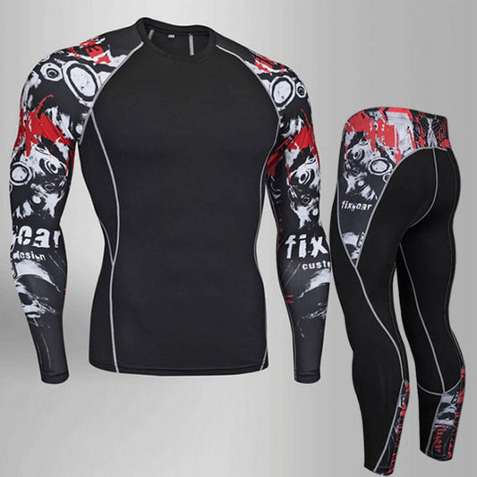 Men's Compression Thermal Underwear in Black/Erythema, designed with breathable sports fabric and showcasing abstract patterns on the sleeves and sides. Displayed front and back on a grey background, it features premium materials for ultimate comfort.