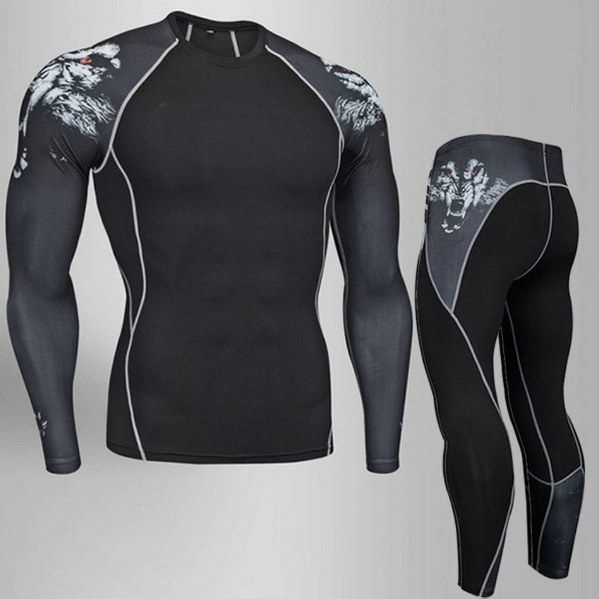 Men's black compression thermal underwear featuring a distinctive wolf design combines style and performance.