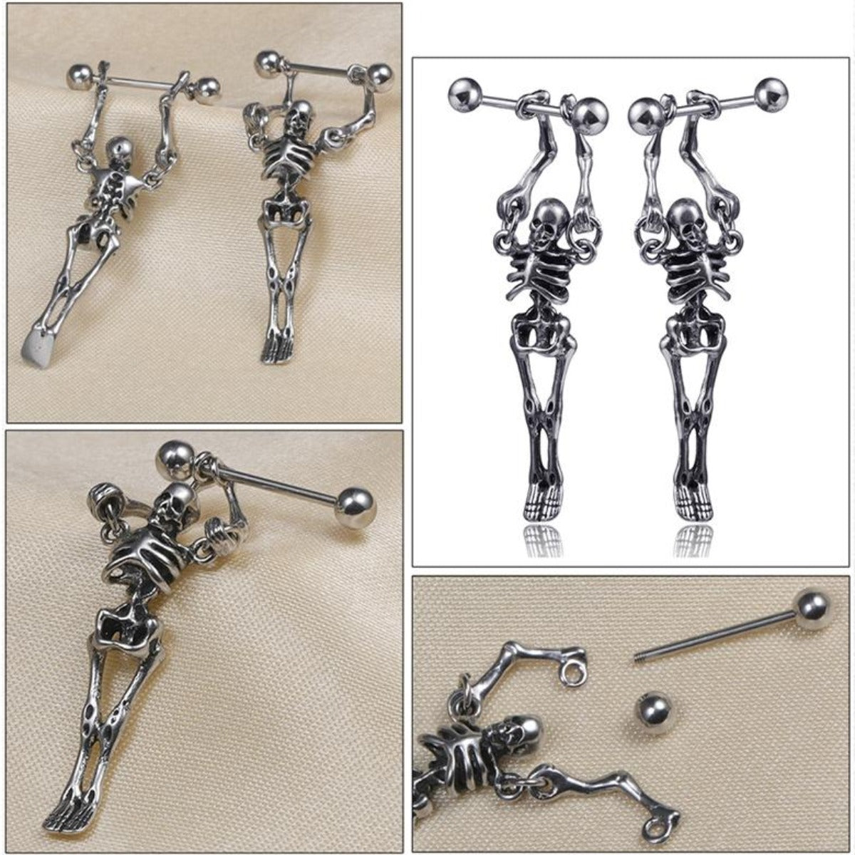 Stainless Steel Skeleton Stud Earring, 0.8 x 1.6 in