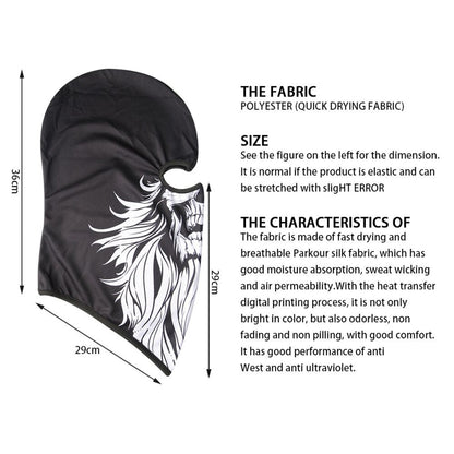 Image of a black Skull Balaclava Full Face Mask with a white skull design, alongside text detailing its size (56cm height, 29cm width), fabric (polyester), and characteristics such as fast drying and UV resistance. Perfect for skiing, snowboarding, or motorcycle rides.