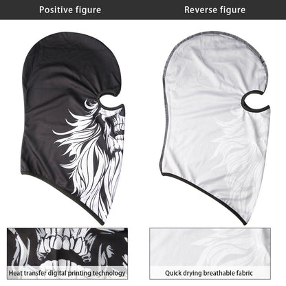A Skull Balaclava Full Face Mask with a white skull design shown from the front and back. The front image highlights the detailed skull print, while the back image emphasizes the quick-drying breathable fabric, perfect for skiing, snowboarding, or motorcycle adventures.