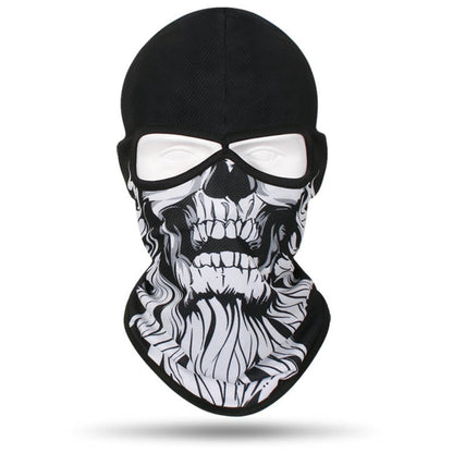 A Skull Balaclava Full Face Mask featuring a striking white skull design, perfect for skiing, snowboarding, or motorcycle rides.