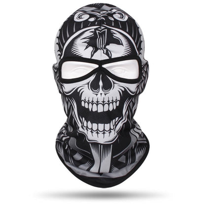 A black and white Skull Balaclava Full Face Mask featuring a printed skull design covering the entire face, including white eye openings and intricate detailing on the fabric—perfect for skiing, snowboarding, or motorcycle rides.
