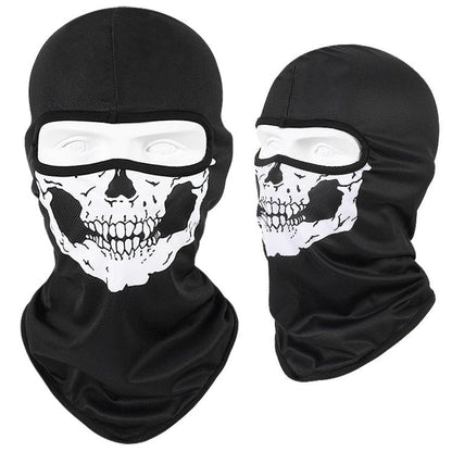 Two black Skull Balaclava Full Face Masks with white skull face designs are displayed; one shows the front view, and the other the side view. Perfect for skiing, snowboarding, or motorcycle adventures.