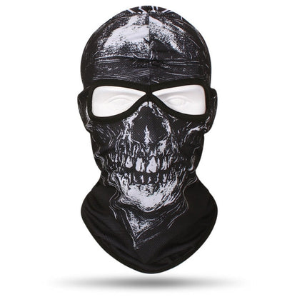 A Skull Balaclava Full Face Mask covers the entire head and neck, with white eye openings and goggles—perfect for skiing, snowboarding, or motorcycle adventures.