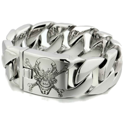 Men's 316L Stainless Steel Handmade Pirate Link Bracelet, 1" Wide, 0.3" Thick, Silver Tone
