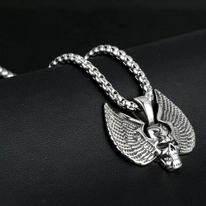 Stainless Steel Winged Skull Pendant Necklace, Silver Color - American Legend Rider