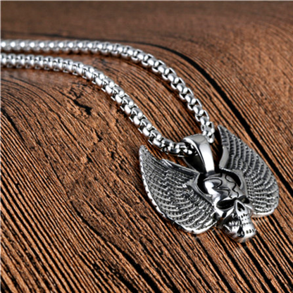 Stainless Steel Winged Skull Pendant Necklace, Silver Color - American Legend Rider