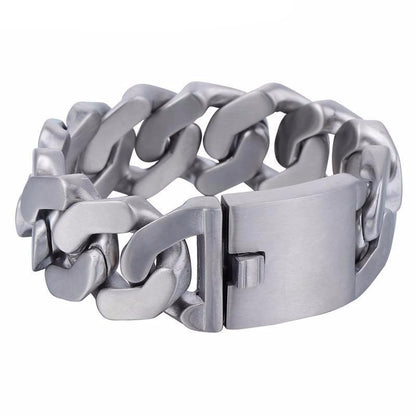This men's bracelet, the Stainless Steel Heavy Thick Chain Bracelet, features a wide clasp and is crafted from rust-resistant stainless steel in a silver color with a 1-inch width and 0.2-inch thickness, making it both stylish and durable.