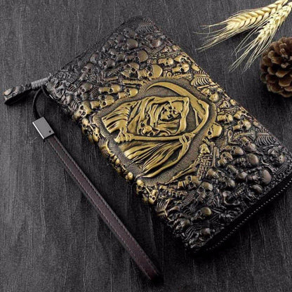 Handmade Grim Reaper Wallet Purse, Eco Leather, 8 x 4.3 in, Brown/Gold - American Legend Rider