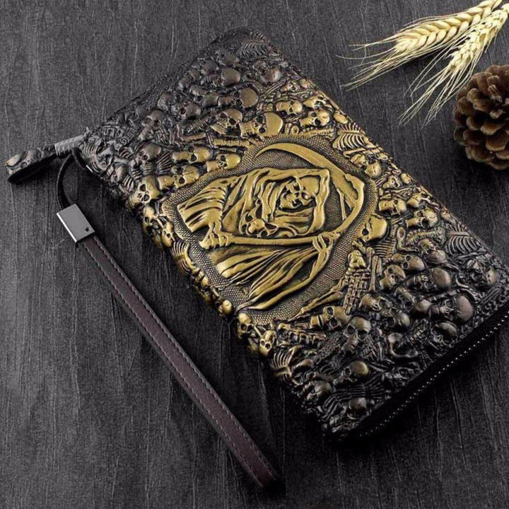 Handmade Grim Reaper Wallet Purse, Eco Leather, 8 x 4.3 in, Brown/Gold