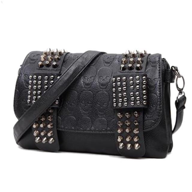 Vintage Skull Studded Rivet Shoulder Bag w/ Free Skull Wallet, Eco-Leather, Black - American Legend Rider