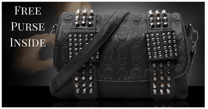 Vintage Skull Studded Rivet Shoulder Bag w/ Free Skull Wallet, Eco-Leather, Black - American Legend Rider