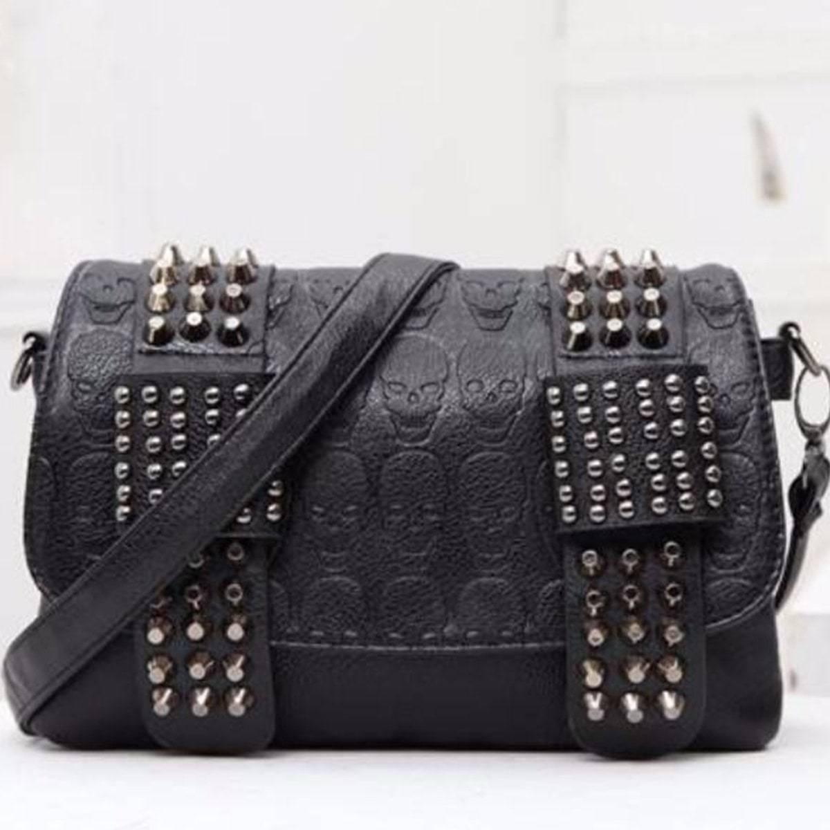 Vintage Skull Studded Rivet Shoulder Bag w/ Free Skull Wallet, Eco-Leather, Black - American Legend Rider